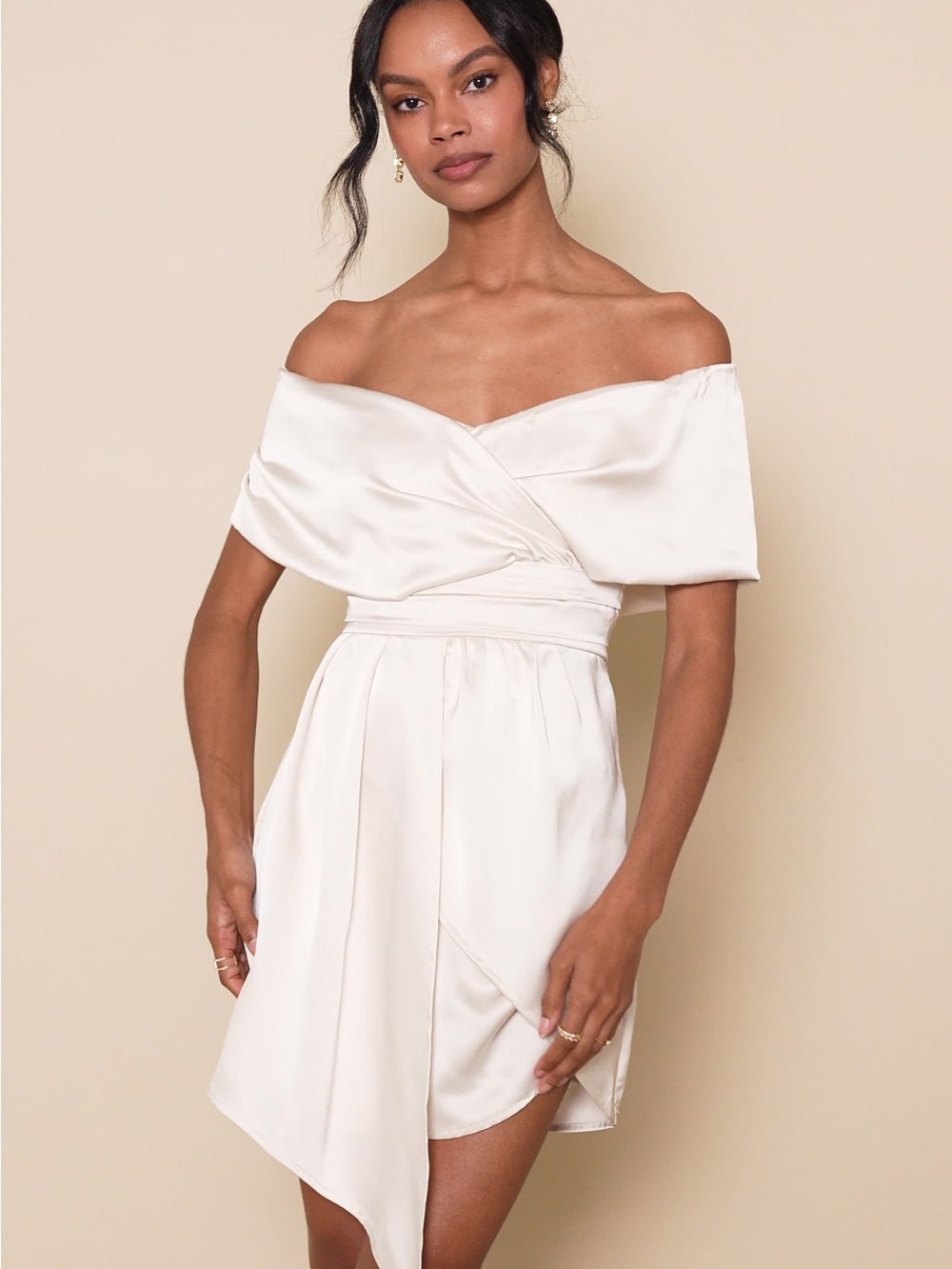 NWT Lulus Always Celebrating Ivory Satin Off-the-Shoulder Mini Dress XL